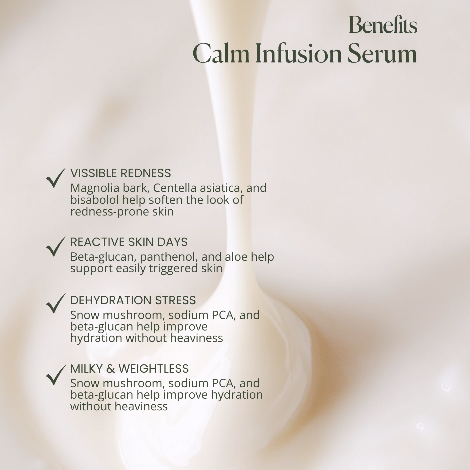 Calm Infusion Serum benefits listed on a soft beige background