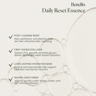 Benefits of Daily Reset Essence with text and bubbles on a light background