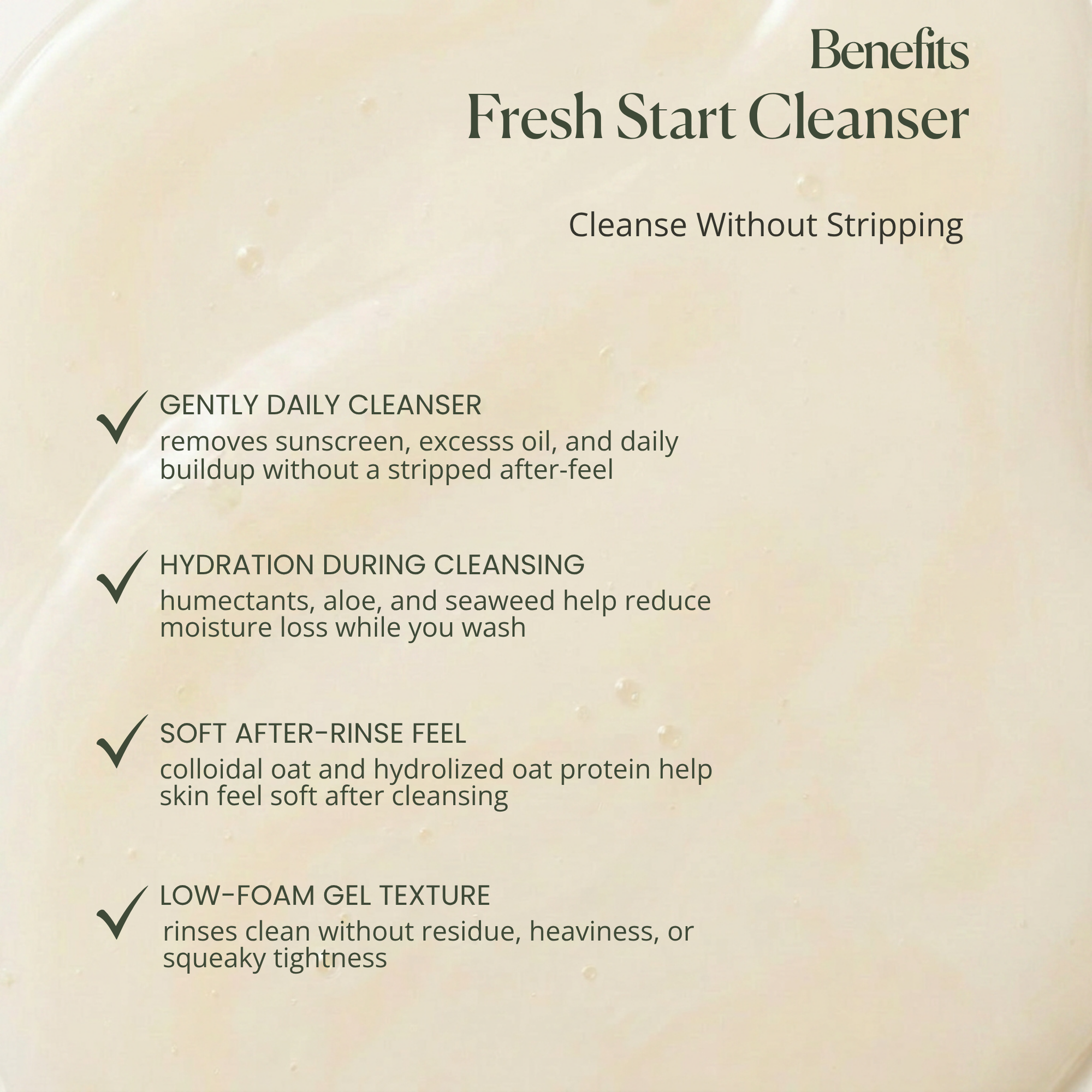 Benefits of Fresh Start Cleanser on a beige background